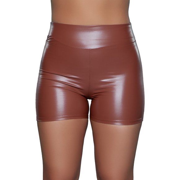 Soft Vinyl High Waisted Shorts - Brown - Picture 5 of 6